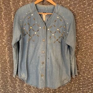 Vintage Susan Christopher Denim Embellished Rhinestone Button Up Shirt Women's M